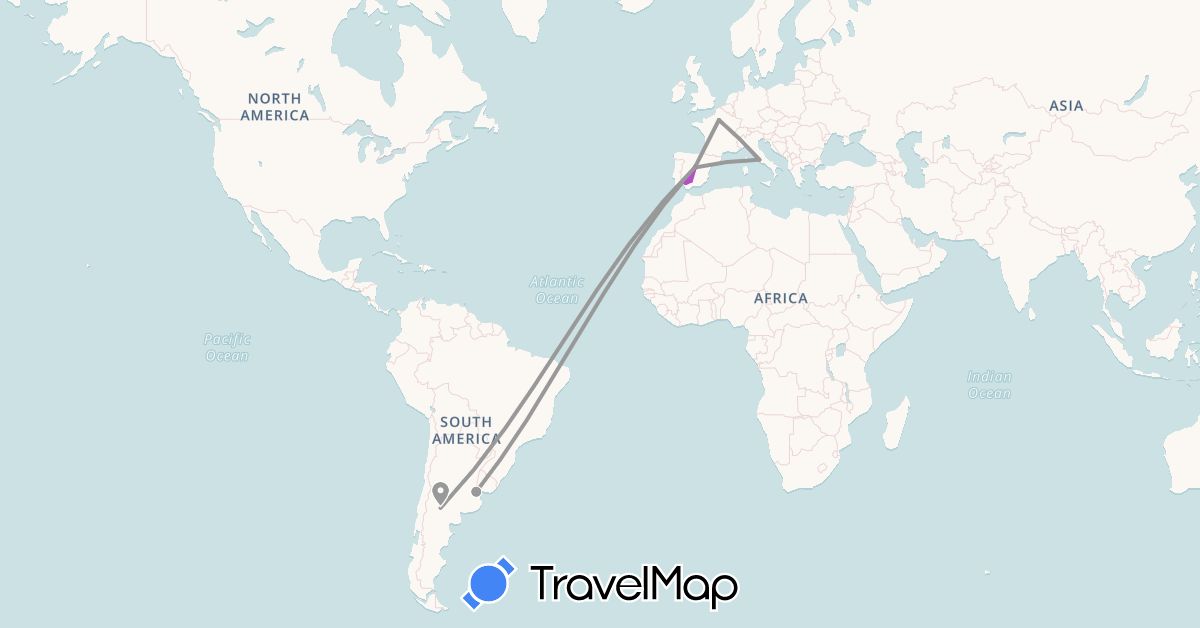 TravelMap itinerary: driving, plane, train in Argentina, Spain, France, Italy (Europe, South America)